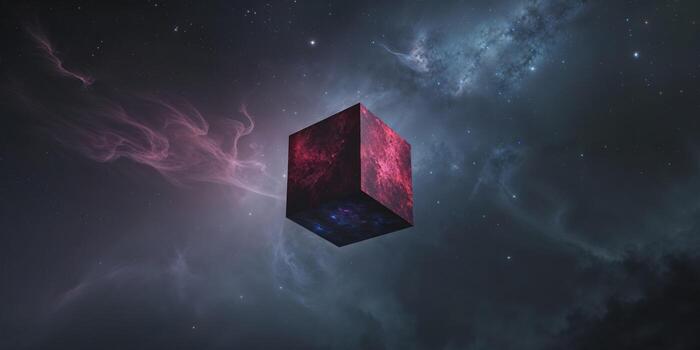 Mysterious Red Cube Floating in Dark Nebula Space Background photo