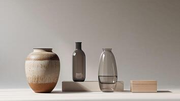 stylish home decor objects in a neutral palette featuring a textured vase a sleek bottle and a decorative box photo