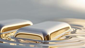 White gold bars submerged in liquid gold with a smooth reflective surface photo