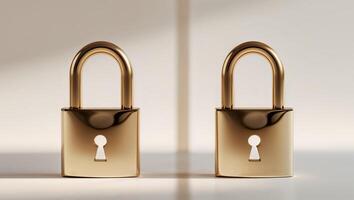Two gold locks with a keyhole in the middle. photo