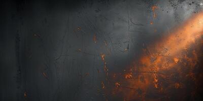 A dark, grungy wall with orange paint and a light photo
