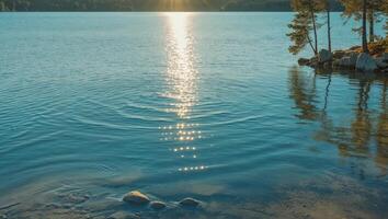 The sun is shining over a lake with trees and rocks photo