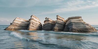 Abstract layered rock formations by the water's edge create a stunning visual. photo