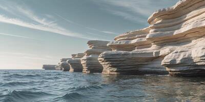 Abstract layered rock formations by the water's edge create a stunning visual photo