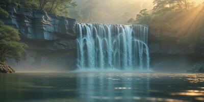 Beautiful scenic view showing waterfall flowing into the water area. photo