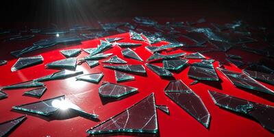 Broken Glass Shards on Red Surface Reflecting Light Brightly photo