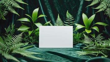 Blank card surrounded by greenery on dark background. photo