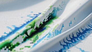 A close up of a white fabric with a green and blue pattern photo