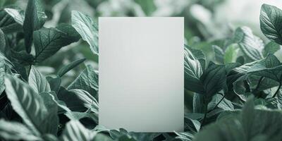 A white card is placed in the center of a green leafy background. photo