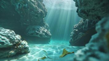 Deep underwater scene with rock formations and sunlight beams. photo