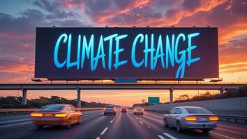 Billboard Displaying Climate Change Message at Sunset Over Highway photo