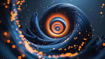 Abstract Dark Blue and Orange Spiral with Glowing Particles. photo