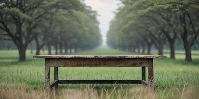 A wooden table with a view of a field and trees. photo