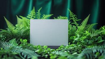 Blank card surrounded by greenery on dark background photo