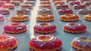 A top down view shows many glazed pastries evenly spaced photo