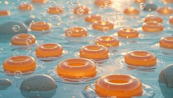 Bubbles form around orange jelly rings resting in shallow water during bright daylight. photo