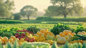 Beautiful rural landscape showing fresh produce and fields in sunlight photo