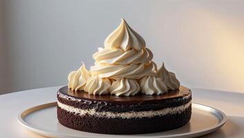 Decadent piece of rich chocolate cake with creamy frosting on a plate ready to satisfy any sweet tooth on a table. photo