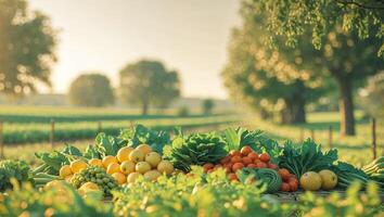 Beautiful rural landscape showing fresh produce and fields in sunlight. photo