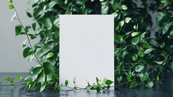 A blank white card is surrounded by green plants photo