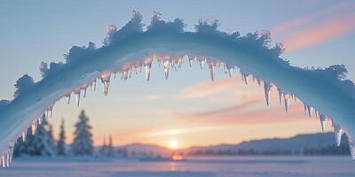 Captivating Ice Formation Creating Stunning Arch Above Snowy Landscape at Sunset. photo