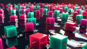 Colorful geometric cube objects on a reflective dark surface. photo