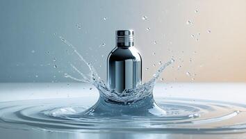 A Stunning Splash of Pure Water into a Stylish Metallic Bottle - A Refreshing Visual. photo