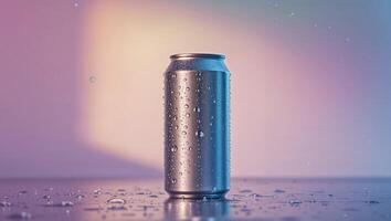 A single metal can with condensation on its surface. photo