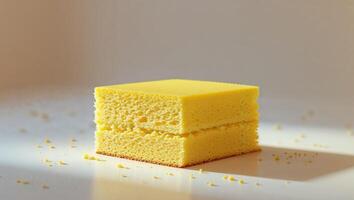A single square slice of yellow sponge cake on display. photo
