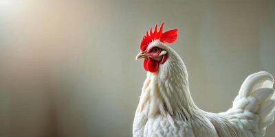 A white rooster with red feathers standing on a gray background photo
