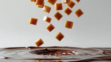 Caramel candies being dropped into a pool of melted chocolate. photo