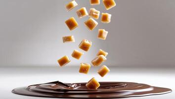 Caramel candies being dropped into a pool of melted chocolate photo