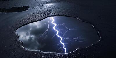 Dramatic Lightning Reflection in Puddle on Dark Asphalt Surface. photo