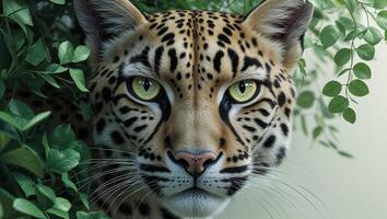 Wild Predator in Lush Greenery A Stunning CloseUp of a Spotted Feline with Intense Eyes and V. photo