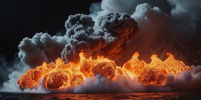 Explosive Fireball Eruption with Bright Orange Flames and Thick Smoke Billowing Out in a Dramatic Display of Power and Energy in a Dark Background. photo