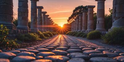 Sunset view through stone pillars and cobblestone path photo