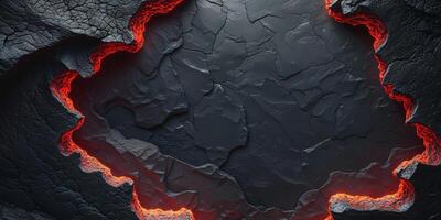 Fiery Lava Rock Edges Frame Dark Textured Background Center Space. photo