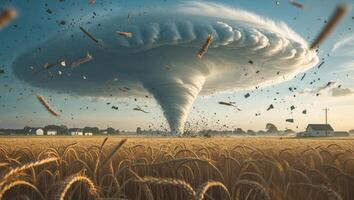 Dramatic Scenes of a Tornado Funnel Over Fields and Flying Debris photo