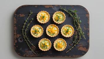 Mini thyme infused quiches with cheddar and leeks on a dark wooden board Overhead view with blank space. photo