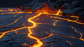 Dramatic Lava Flow Texture with Glowing Cracks and Dark Rocks. photo