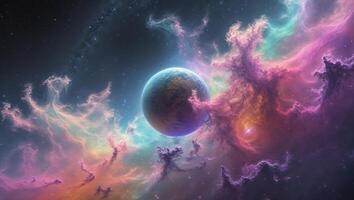 Stunning Cosmic Scene with Planet and Colorful Nebula in Space. photo