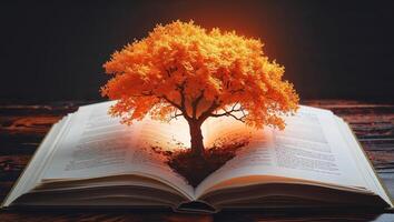 Glowing Orange Tree Emerging from Open Book on Dark Wooden Table. photo