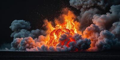 Explosive Fireball Eruption with Bright Orange Flames and Thick Smoke Billowing Out in a Dramatic Display of Power and Energy in a Dark Background photo