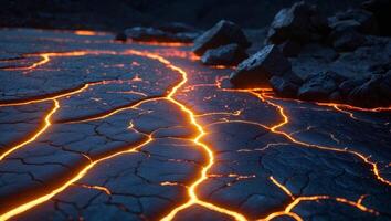 Dramatic Lava Flow Texture with Glowing Cracks and Dark Rocks photo