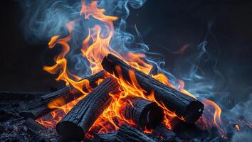 Fiery Orange and Yellow Flames Consuming Wooden Logs in a Dark Setting. photo