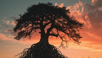 Silhouette of a Tree with Visible Roots at Sunset. photo