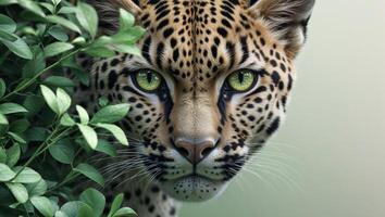 Wild Predator in Lush Greenery A Stunning CloseUp of a Spotted Feline with Intense Eyes and V photo