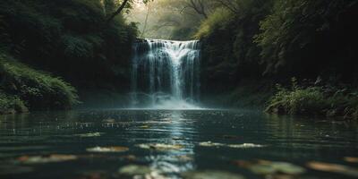 Enigmatic waterfall cascading into mysterious pool with aquatic wildlife. photo