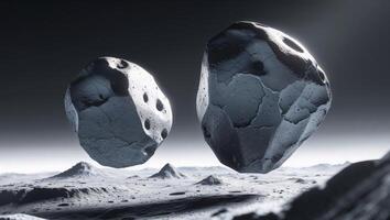 Two Large Asteroids Floating Above a Cratered Celestial Body photo