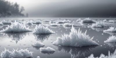 Intricate ice crystals forming on the surface of a frozen lake creating a stunning natural art display in winter. photo
